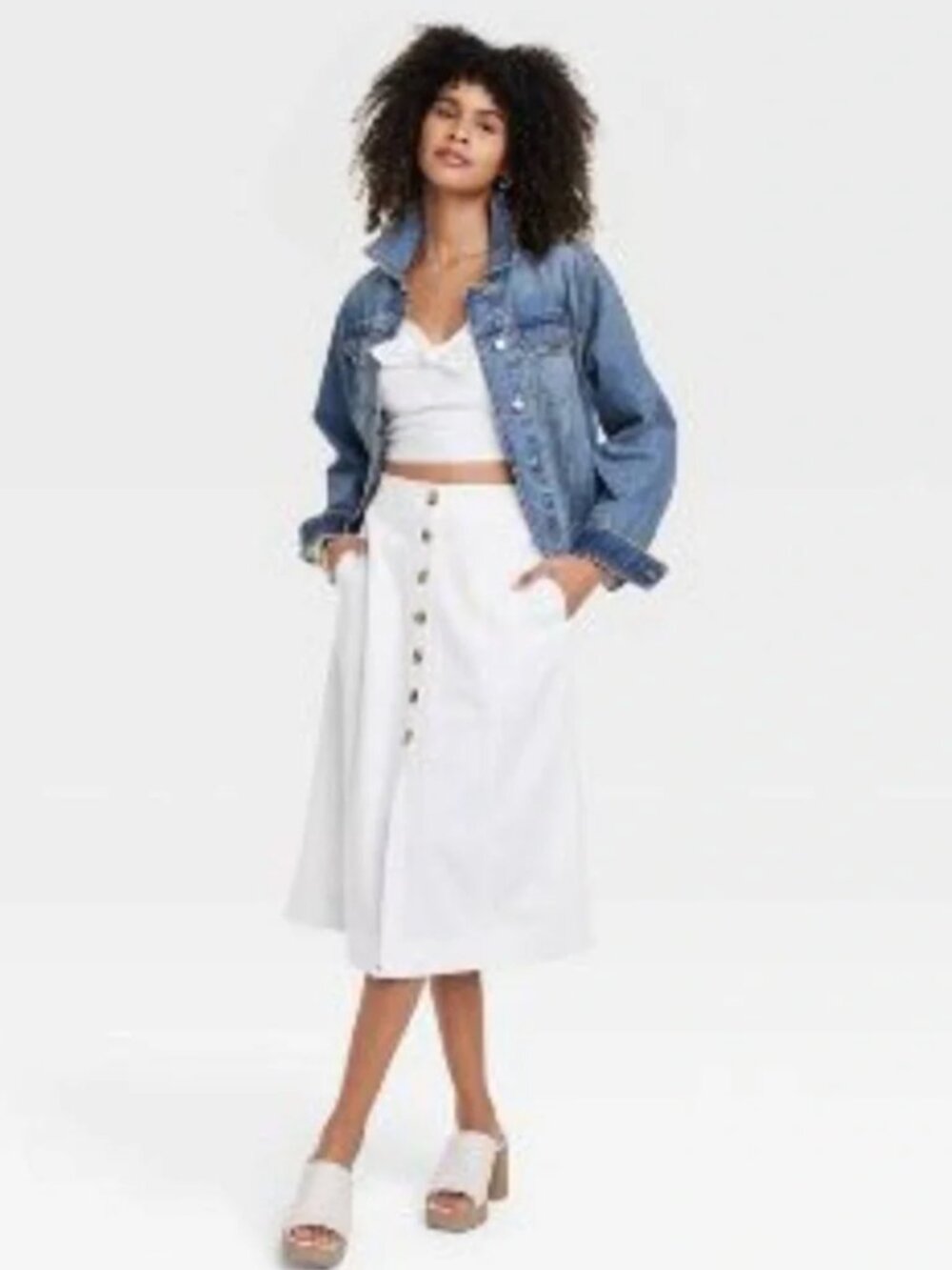 Universal Thread Linen Blend White Button-Front Midi Skirt Medium